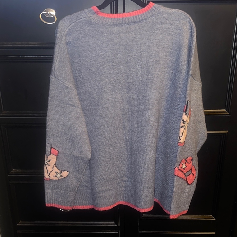 Fantastic Fawn Med Blue/Grey Sweater with Pink Cowboy Boot Design - Picture 3 of 7